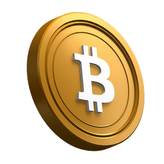 Elemento visual de la moneda Bitcoin BTC en ángulo, ubicado en la sección principal